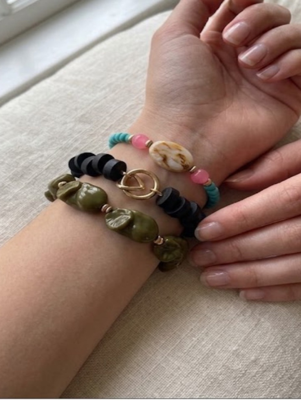 Set of Three Bead Bracelets - Turquoise, Olive & Black